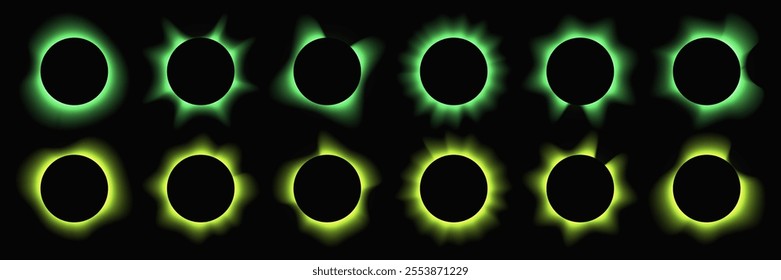 Set of circle illuminate frames with gradient. Twelve green round neon banners isolated on black background. Vector illustration