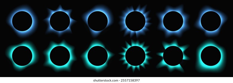 Set of circle illuminate frames with gradient. Twelve blue round neon banners isolated on black background. Vector illustration