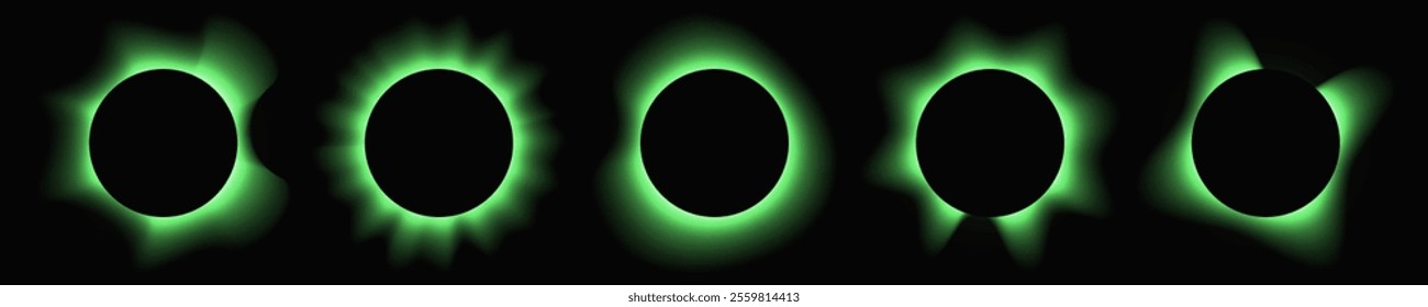 Set of circle illuminate frames with gradient. Five green round neon banners isolated on black background. Vector illustration