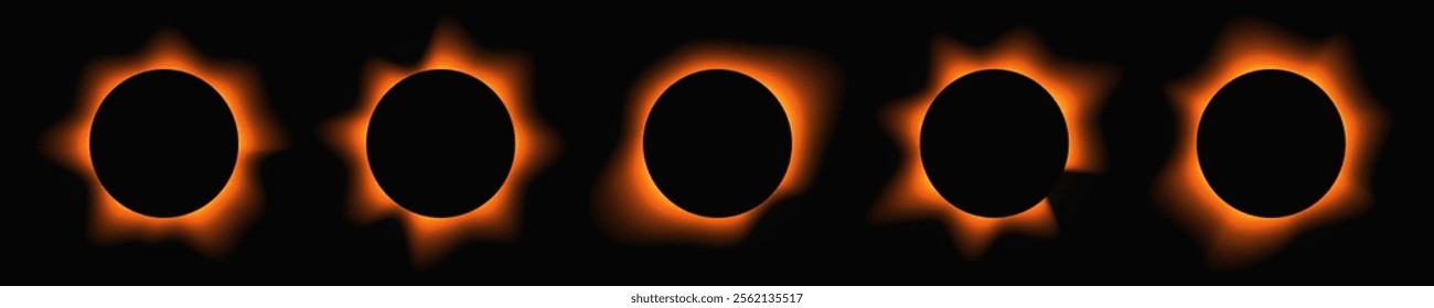 Set of circle illuminate frames with gradient. Five orange round neon banners isolated on black background. Vector illustration