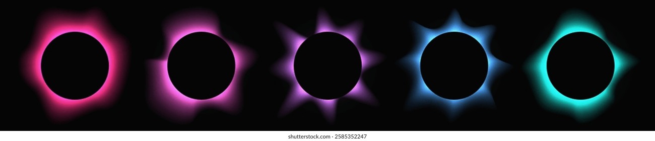 Set of circle illuminate frames with gradient. Five multicolor round neon banners isolated on black background. Vector illustration