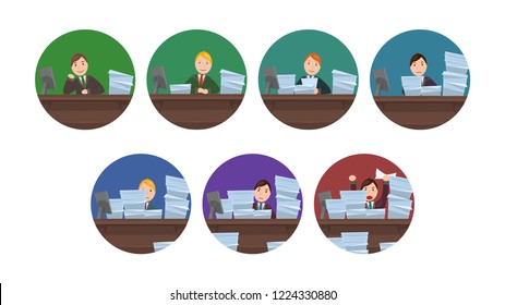 Set of circle images Workload workers in cartoon style. The object is separate from the background.  Vector element for articles, banners, icons and your design.