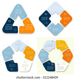 Set of circle infographic design templates with 3,4,5,6 angles. Round banners with options. Template for diagram, graph, presentation or chart. Business concept sequence banner. EPS10 workflow layout.