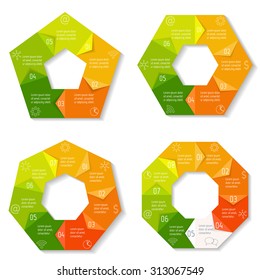 Set of circle infographic design templates with 5,6,7,8 angles. Round banners with options. Template for diagram, graph, presentation or chart. Business concept sequence banner. EPS10 workflow layout.