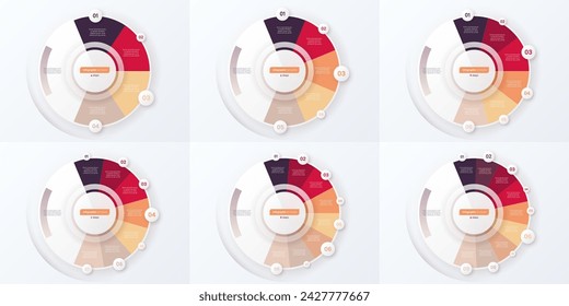 Conjunto de diagramas infográficos circulares 4 5 6 7 8 9 opciones. Ilustración vectorial.