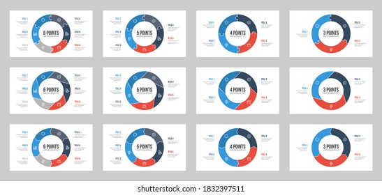 set of circle infographic element vector with 3, 4, 5, 6 points, steps, options, list, processes, can be used for workflow, report, presentation slide, banner, brochure, flyer, etc.