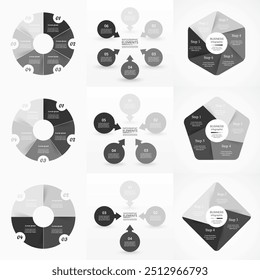 Set of circle infographic elements with 4, 5 and 6 options, parts or steps. Monochrome illustration in gray color.