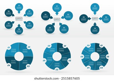 Set of circle infographic elements with 4, 5 and 6 options, parts or steps.