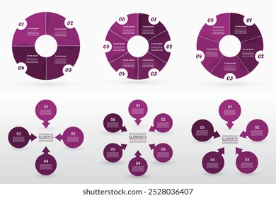 Set of circle infographic elements with 4, 5 and 6 options or steps.