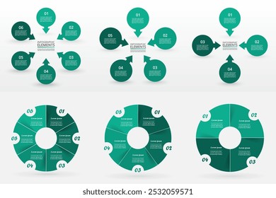 Set of circle infographic elements with 4, 5 and 6 options, parts or steps.