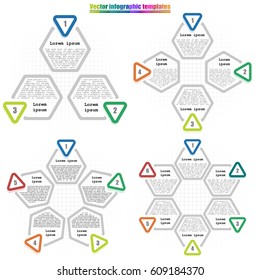 Set of circle infographic template 3-6 options. Hexagon elements with inscriptions and numbers on cell background. For presentation and design concept. Vector illustration.