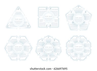 Set of circle infographic template with 3-8 steps and central element in form of a geometric figures. For presentation and design concept. Vector illustration.