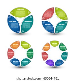 Set of circle infographic templates 3, 4, 6, 7 steps. For presentation and design concept. Bright colors. Vector illustration.
