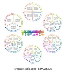 Set of circle infographic templates 3, 4, 5, 6, 7, 8 steps one style. Simple line style with dots and arrows. Vector illustration.