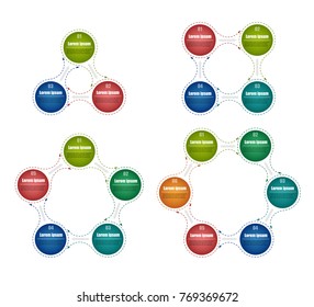 Set of circle infographic templates with 3, 4, 5, 6 options. Colorful rounds with connecting arrows. For presentation and reports. Vector illustration.