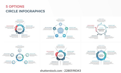 Set of circle infographic templates with five options or steps, vector eps10 illustration