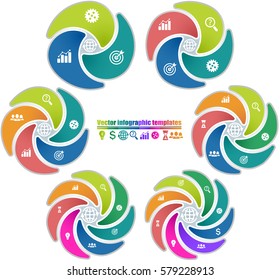 Set of circle infographic templates same style with 3-8 steps. Parts of the chart  with icons. For presentation and design concept. Vector illustration.
