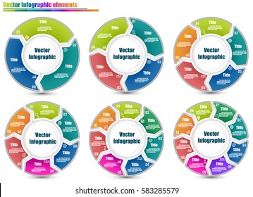 Set of circle infographic templates same style with 3-8 steps and central element. Parts of the chart  with icons and numbers. For presentation and design concept. Vector illustration.