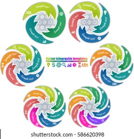 Set of circle infographic templates same style with 3-8 steps. Arrow shape parts of chart with business picture and curve text sample.  Icon pattern background. Vector illustration.