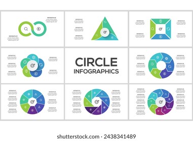 Set circle infographics with 2, 3, 4. 5, 6, 7, 8, 9 steps, parts or processes. Business data visualization.