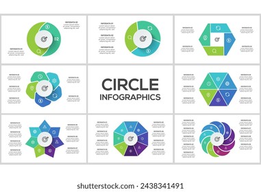 Setzen Sie Kreis-Infografiken mit 2, 3, 4. 5, 6, 7, 8, 9 Schritten, Teilen oder Prozessen. Visualisierung von Geschäftsdaten.