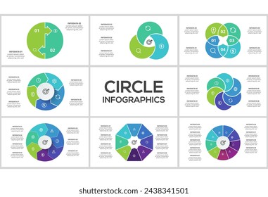 Set circle infographics with 2, 3, 4. 5, 6, 7, 8, 9 steps, parts or processes. Business data visualization.
