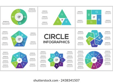 Set circle infographics with 2, 3, 4. 5, 6, 7, 8, 9 steps, parts or processes. Business data visualization.