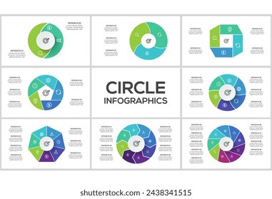 Setzen Sie Kreis-Infografiken mit 2, 3, 4. 5, 6, 7, 8, 9 Schritten, Teilen oder Prozessen. Visualisierung von Geschäftsdaten.