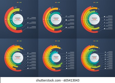 Set of circle informative infographic charts 3-8 options. 