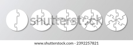 Set of circle jigsaw grids. Cutting templates collection with 2, 3, 4, 5 and 6 details. Puzzle pieces. Scheme for thinking game. Simple mosaic background. Frame tiles. Vector illustration