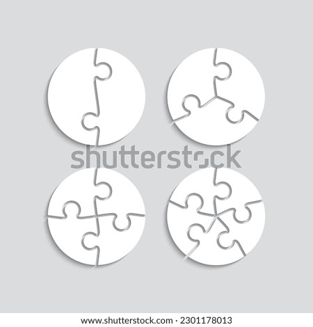 Set of circle jigsaw grids. Puzzle details with 2,3, 4 and 5 pieces. Cutting templates collection with details. Scheme for thinking game. Simple mosaic background. Frame tiles. Vector illustration