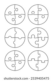 Set of circle jigsaw templates. Puzzle pieces outline Cutting grids collection with details. Scheme for thinking game with 4 details. Vector illustration