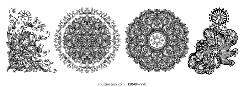 set of circle lace decorative ornament, round ornamental geometric doily pattern, vector illustration