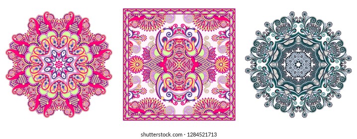 set of circle lace ornament, round ornamental geometric doily pattern and traditional floral paisley bandanna. You can use this pattern in the design of carpet, shawl, pillow, cushion