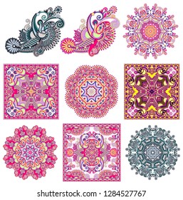 set of circle lace ornament, round ornamental geometric doily pattern and traditional floral paisley bandanna. You can use this pattern in the design of carpet, shawl, pillow, cushion