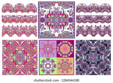 set of circle lace ornament, round ornamental geometric doily pattern and traditional floral paisley bandanna. You can use this pattern in the design of carpet, shawl, pillow, cushion