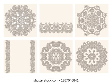 set of circle lace ornament, round ornamental  geometric paisley doily pattern. Kalamkari traditional style, vector illustration collection