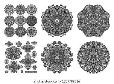set of circle lace ornament, round ornamental geometric doily pattern in indian kalamkari style, black and white collection