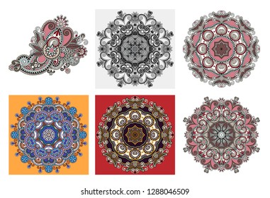 set of circle lace ornament, round ornamental geometric doily pattern in indian kalamkari style, vector illustration collection