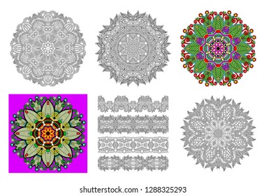 set of circle lace ornament, round ornamental geometric doily pattern in indian kalamkari style, vector illustration collection