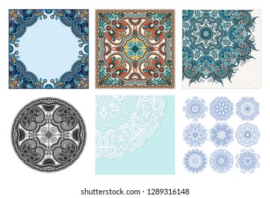 set of circle lace ornament, round ornamental geometric doily pattern in indian kalamkari style, vector illustration collection