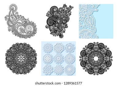 set of circle lace ornament, round ornamental geometric doily pattern in indian kalamkari style, black and white collection