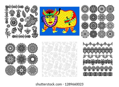 set of circle lace ornament, round ornamental geometric doily pattern in indian kalamkari style, black and white collection