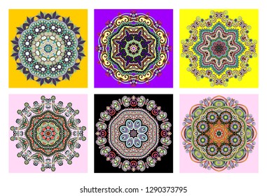 set of circle lace ornament, round ornamental geometric doily pattern in indian kalamkari style, vector illustration collection