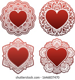 Set of circle lace ornaments, round ornamental geometric doily pattern with heart shaped empty space for text. Vector illustration greeting, wedding invitation, Valentine's card on red background.