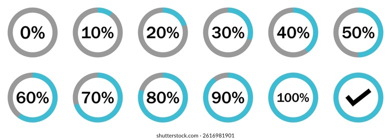 Set of  Circle loading or circle progress collection. Set of circle percentage diagrams for infographics 0 10 20 30 
40 50 60 70 80 90 100 percent in black and of vector illustration