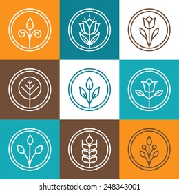 Set of circle nature badges with leaves and flowers - design elements in outline style