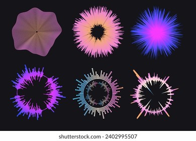 Set of circle, neon particle soundwave. Vector illustration.