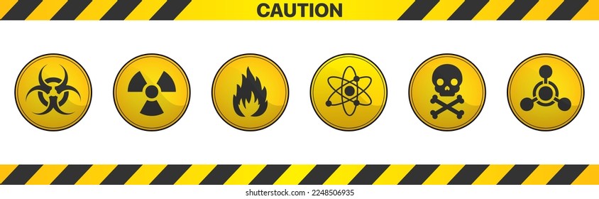 Set of circle orange caution signs. Hazard, warning sign collection