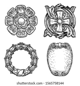 Set of circle ornament design for pattern, carved flower isolated on white background. Traditional style decorative marble stone. Vintage Baroque Victorian floral ornament retro decorative element. 